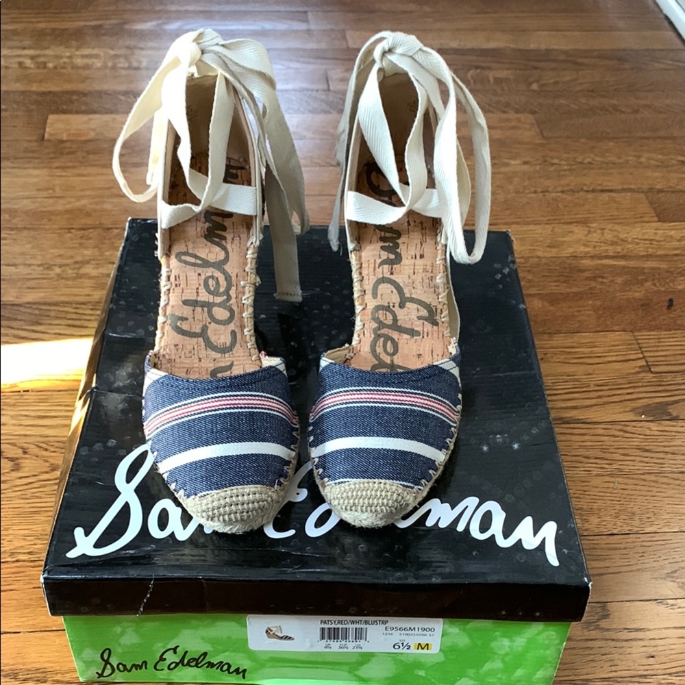 Sam Edelman Navy and Tan Espadrille Wedges